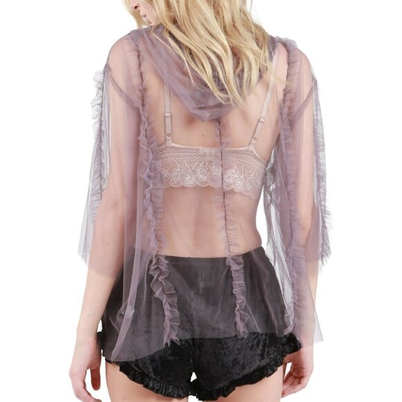 NWT POL Shear Mesh Ruffle Trim Hooded Blouse Top - Picture 3 of 6
